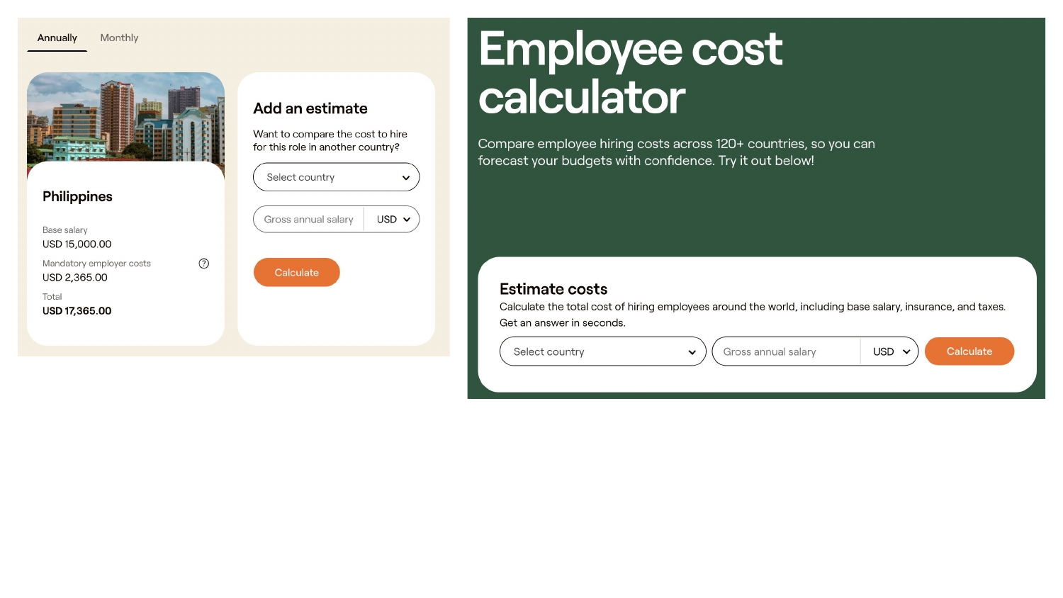 The Employee Cost Calculator pulled into the first fold, the value the visitor actually came for.